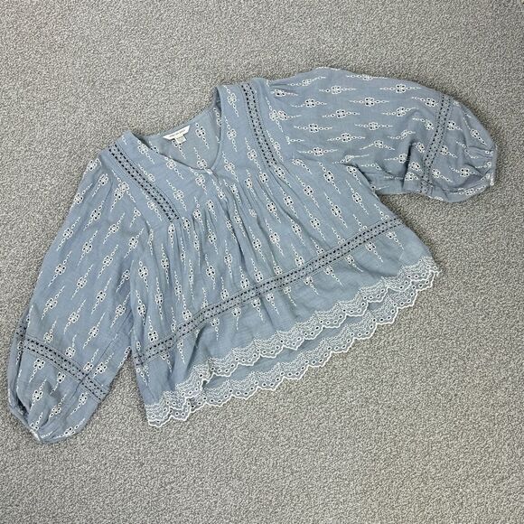 American Eagle Eyelet Embroidered Peasant Blouse Blue White XS Cropped - Picture 14 of 14